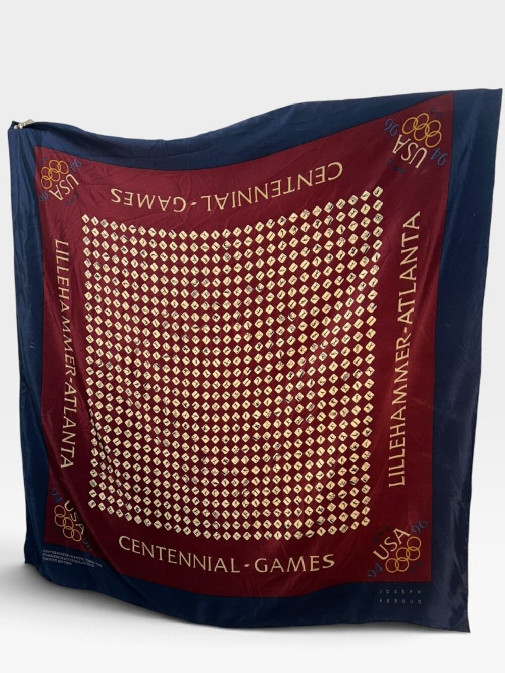 Joseph Abboud Lillehammer Atlanta 94-96 Olympics 100% silk vintage scarf burgund
